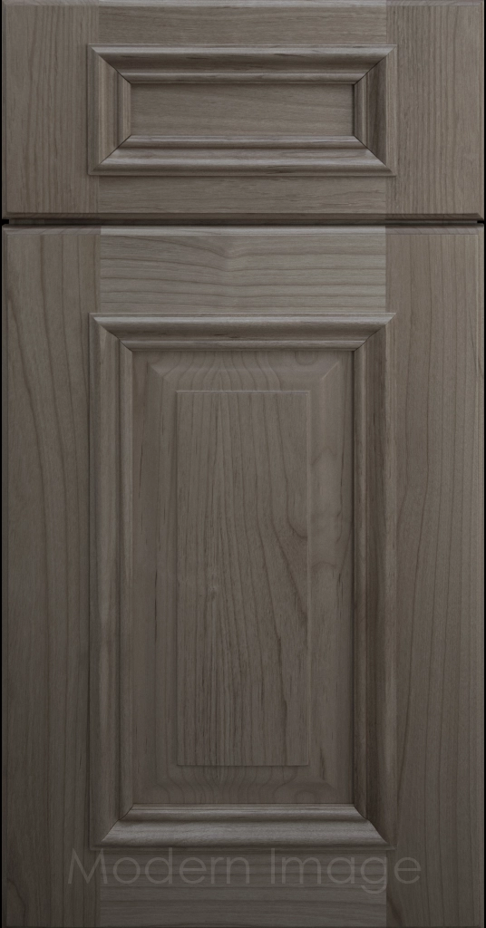 Pewter stained Hamilton cabinet door with a double raised panel and mitered elevated molding.